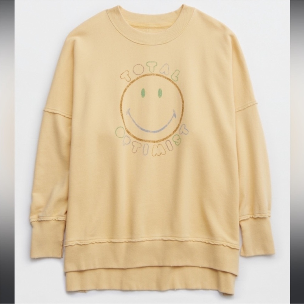 AERIE Yellow "Total Optimist" Crewneck Distressed Sweatshirt; Extra Small. NWOT